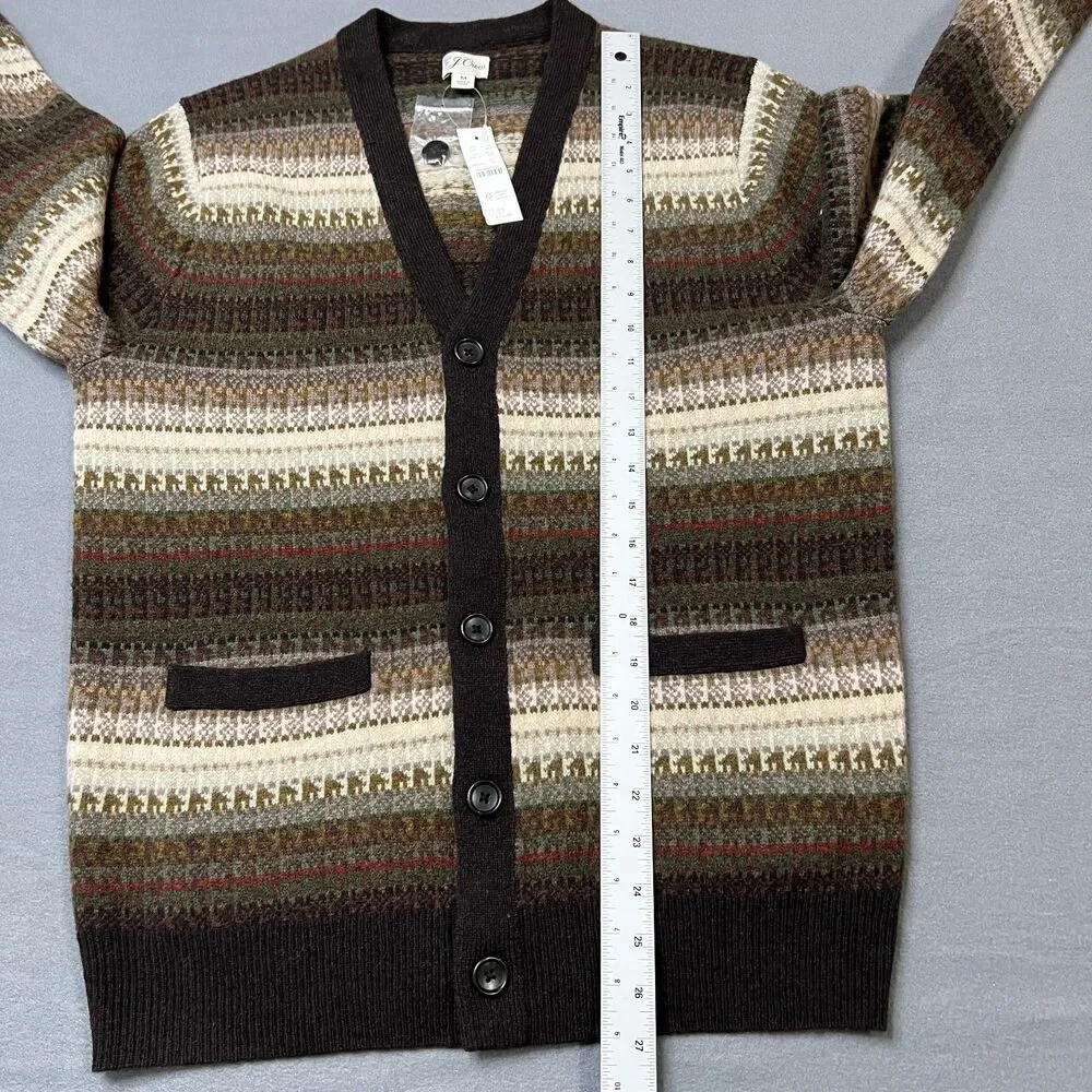 J.Crew Cardigan Sweater Men Medium Brown Ivory Fair Isle Wool Blend Button Front